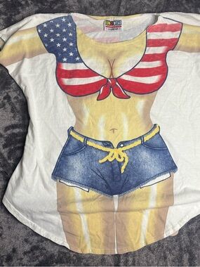 Women's Novelty USA Bikini Graphic Tee - White with Red & Blue